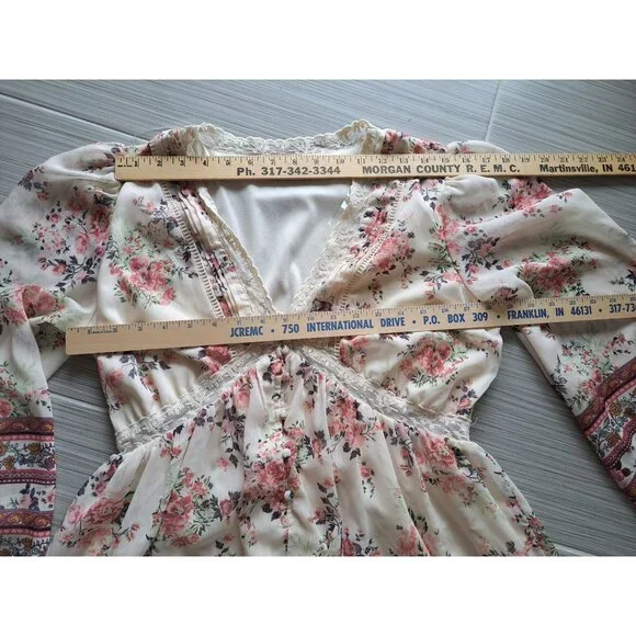 Penelope Rose Floral Maxi Dress XL Lace Trimmed Boho Long Sleeve Tiered Buttons - Picture 7 of 12